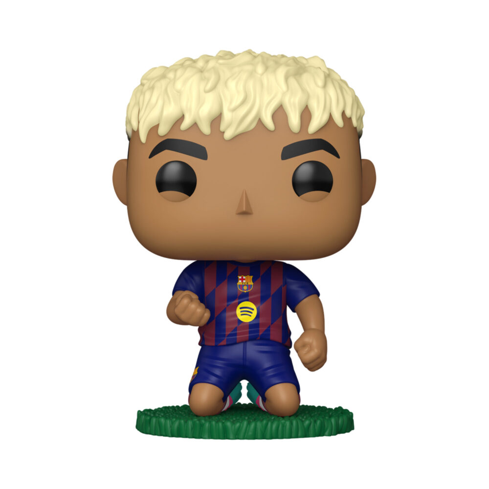 Lamine Yamal FC Barcelona Funko Pop #107 unboxed in a kneeling pose wearing the Barcelona kit on a green base