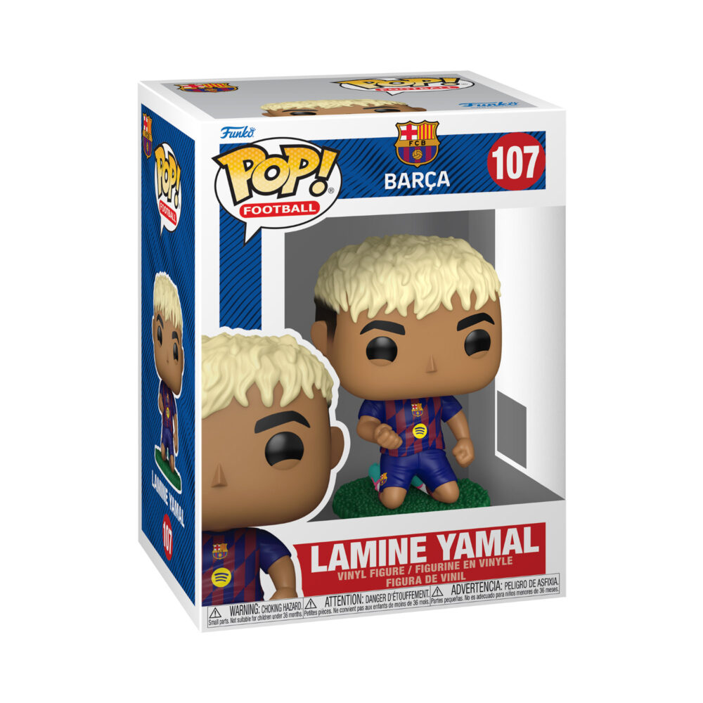 Lamine Yamal FC Barcelona Funko Pop #107 kneeling figure shown in its POP Football window display box