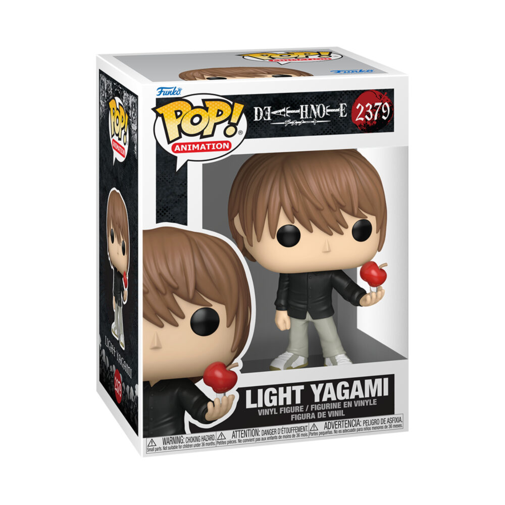 Boxed Light Yagami Death Note Funko Pop #2379 wearing a black shirt and holding a red apple.