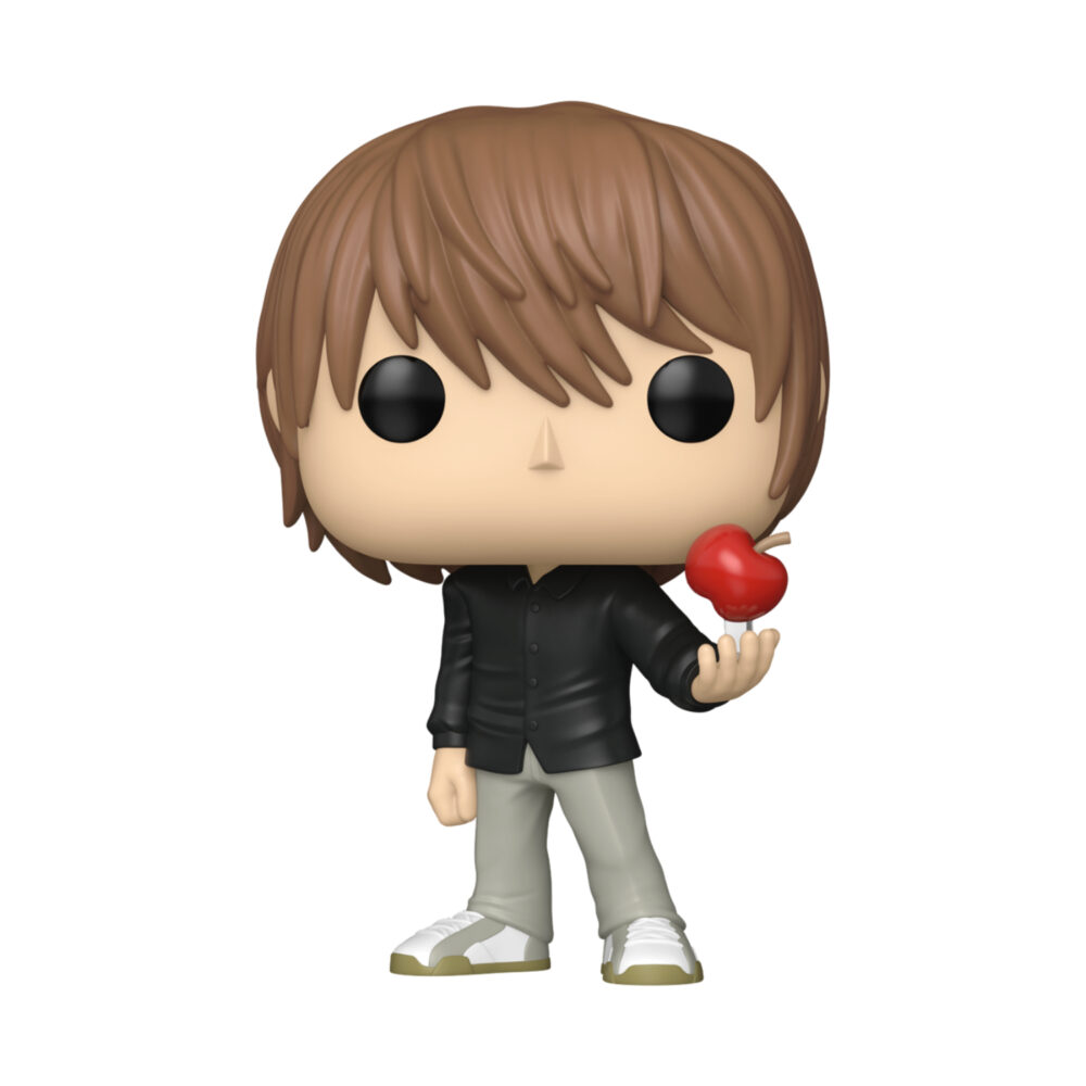 Unboxed Light Yagami Death Note Funko Pop #2379 in a black shirt and grey trousers holding a red apple.