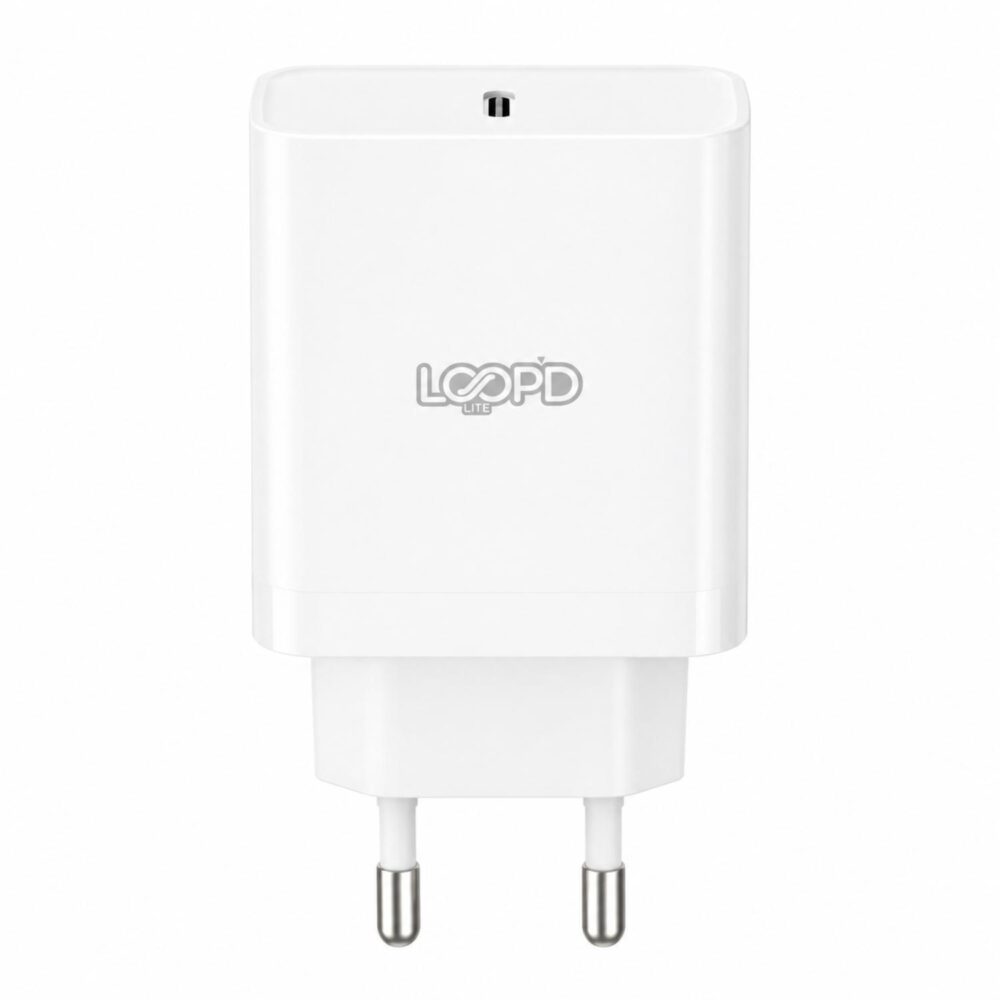 Front view of the white LOOPD Lite 25W PD wall charger with the LOOPD Lite logo, USB-C port and two-pin plug visible.