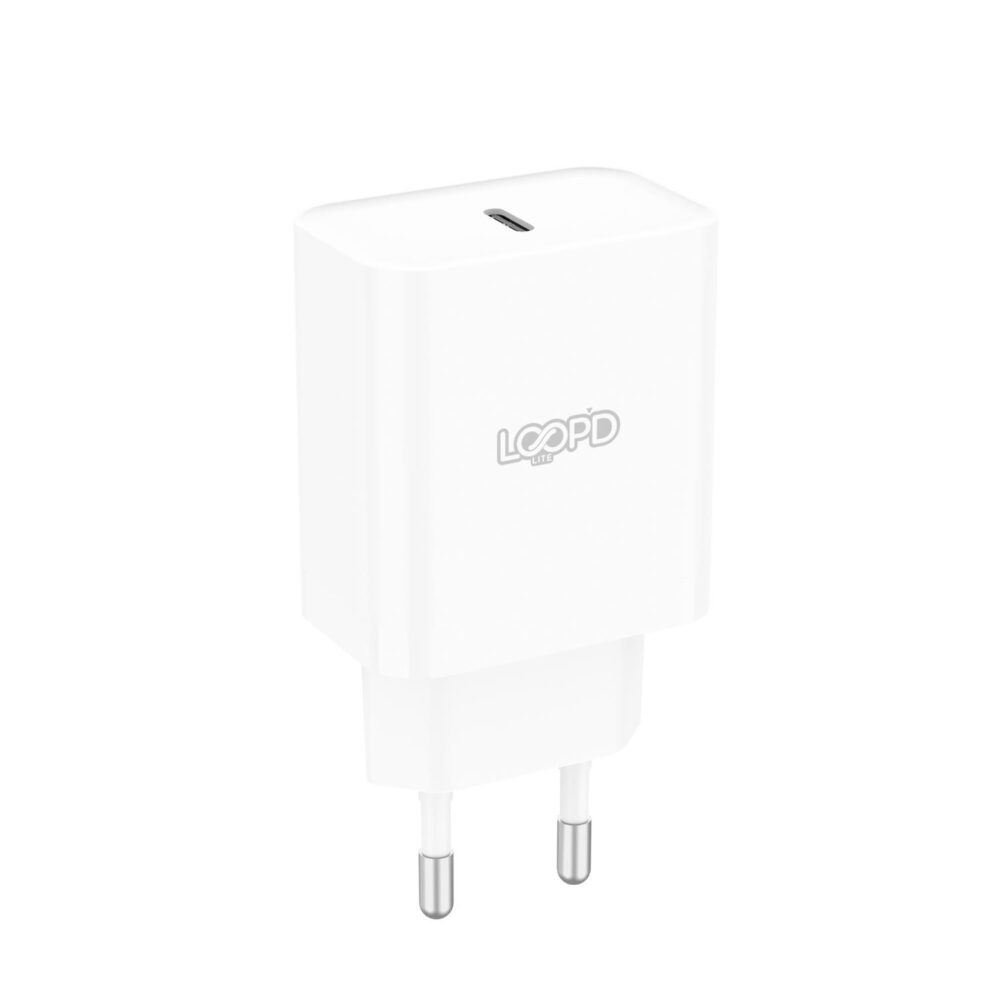 White LOOPD Lite 25W PD wall charger shown at an angle with the single USB-C port and two-pin plug visible.