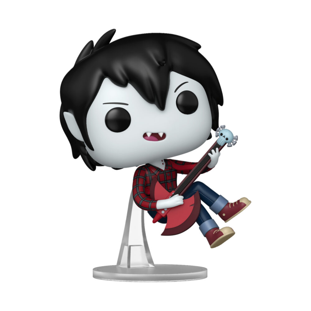 Marshall Lee Adventure Time Funko Pop #1903 unboxed on a clear display stand while playing a red guitar