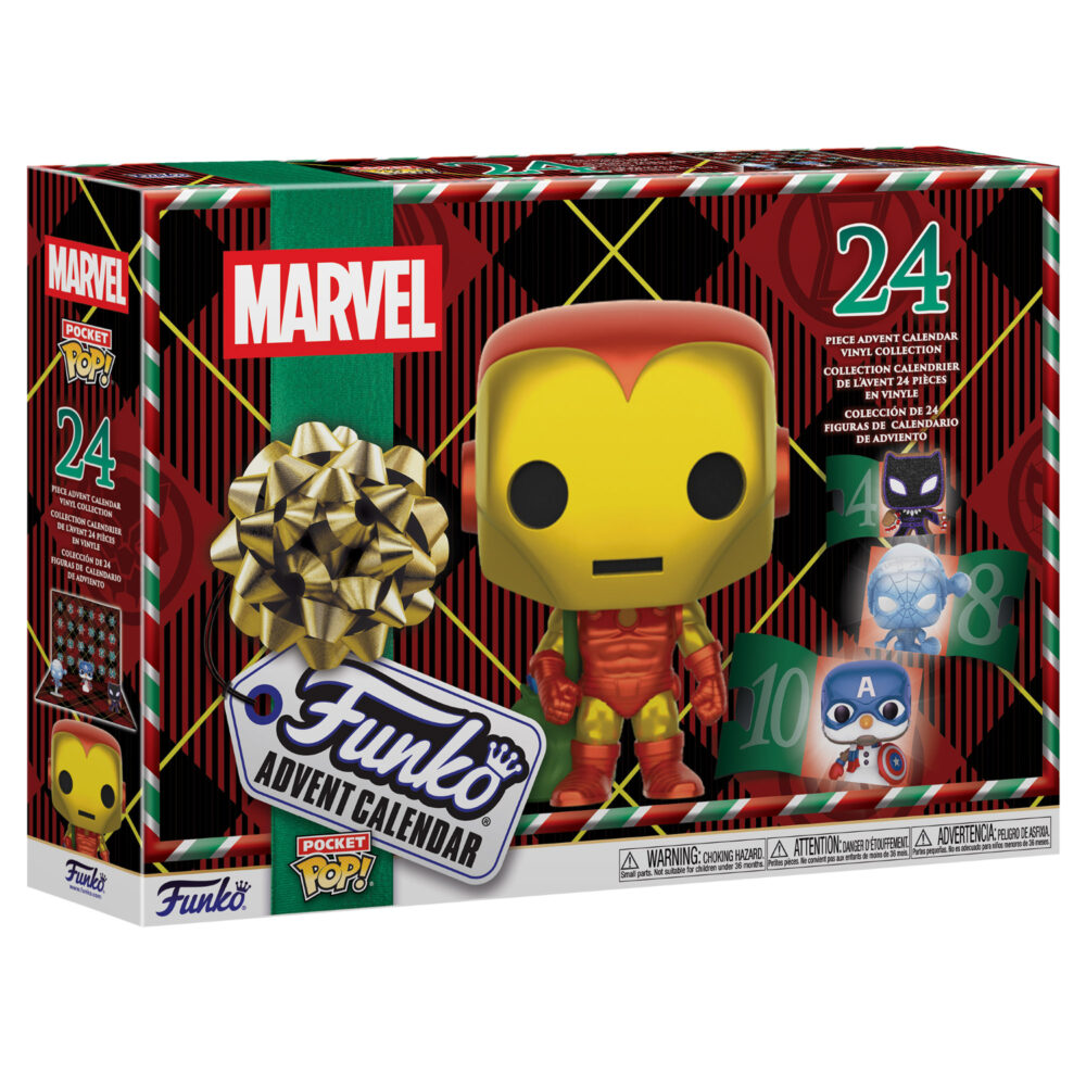 Marvel Funko Pocket Pop Advent Countdown Calendar 24 Pack shown in its red holiday retail packaging with Iron Man artwork.