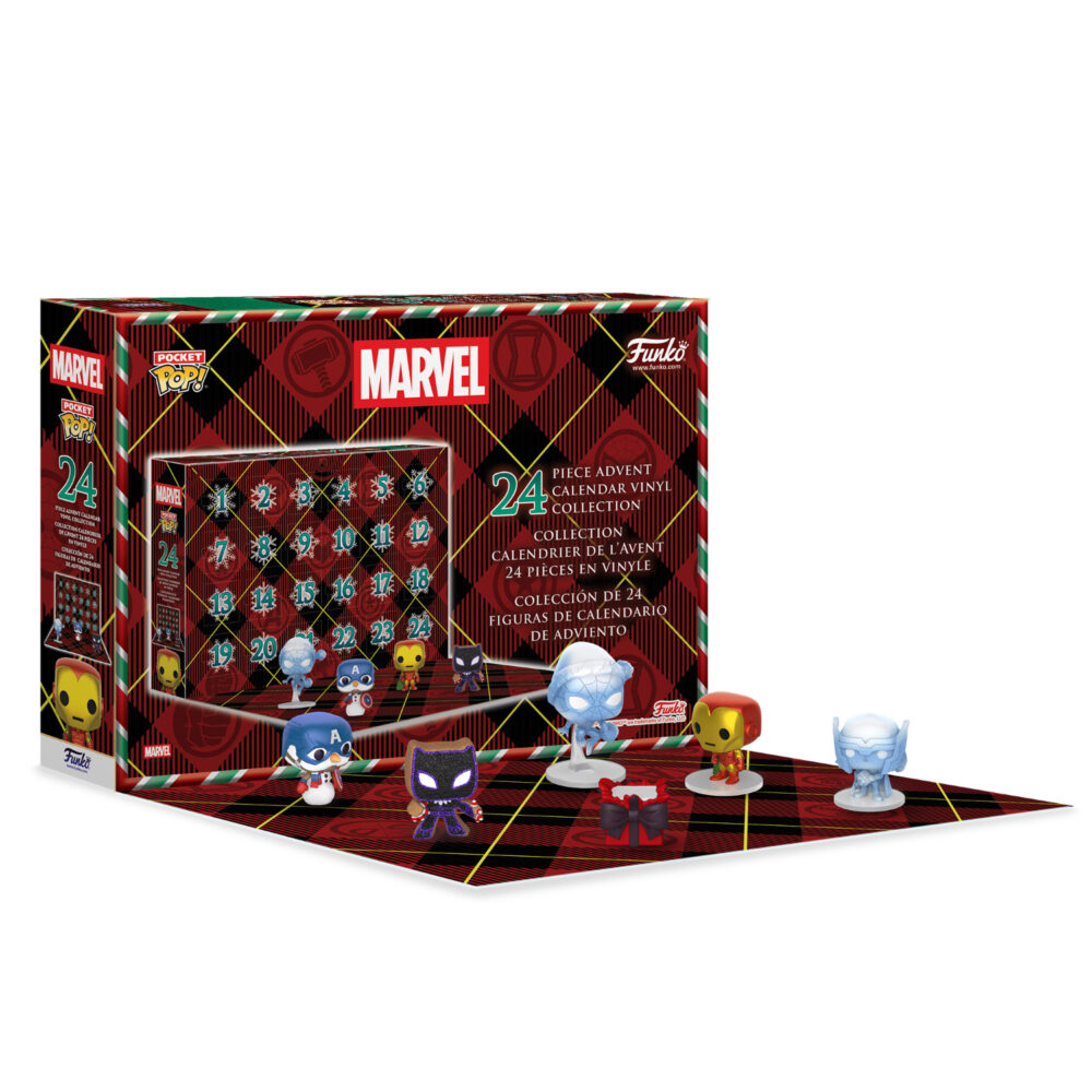 Marvel Funko Pocket Pop Advent Countdown Calendar 24 Pack opened with numbered doors and several Pocket Pop figures displayed in front.