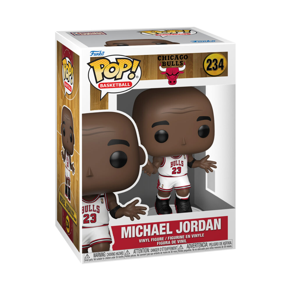 Boxed Michael Jordan (Shrug) Chicago Bulls Funko Pop #234 wearing the white Bulls number 23 uniform.