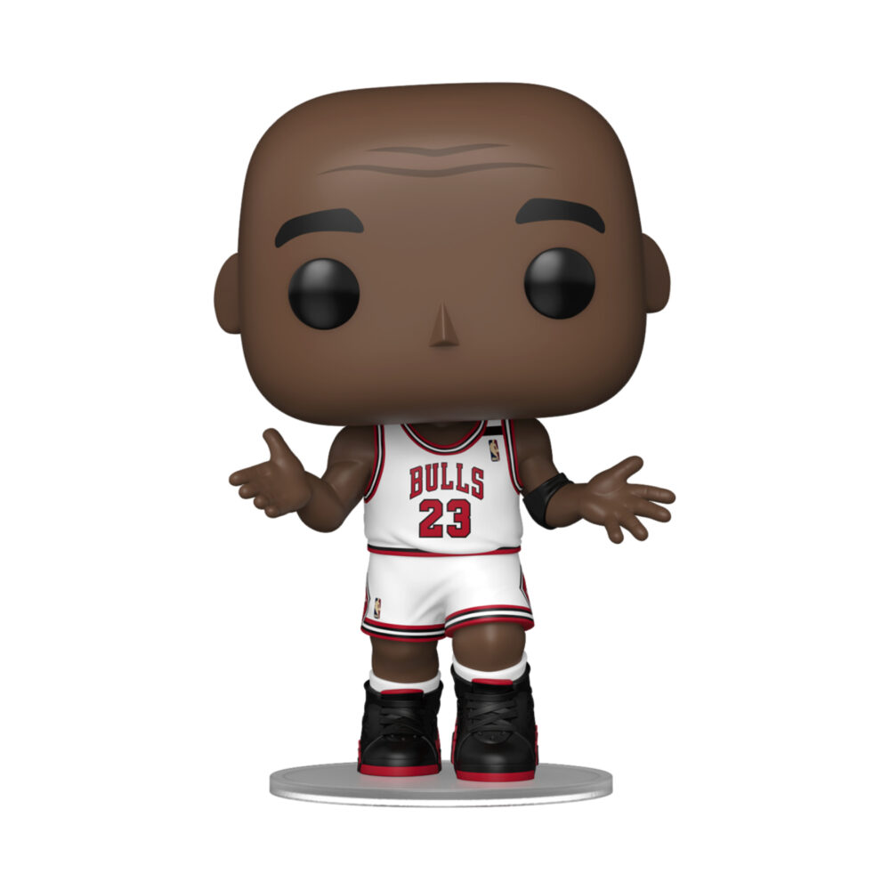Unboxed Michael Jordan (Shrug) Chicago Bulls Funko Pop #234 in the white number 23 uniform with both hands raised.