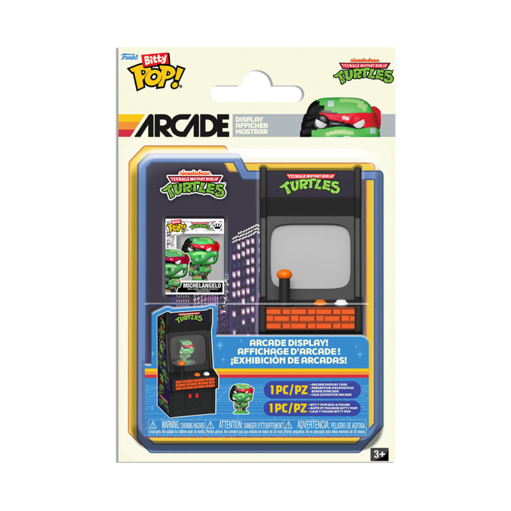 Funko Bitty Pop Arcade Michelangelo from Teenage Mutant Ninja Turtles shown in the retail packaging with the arcade display set.