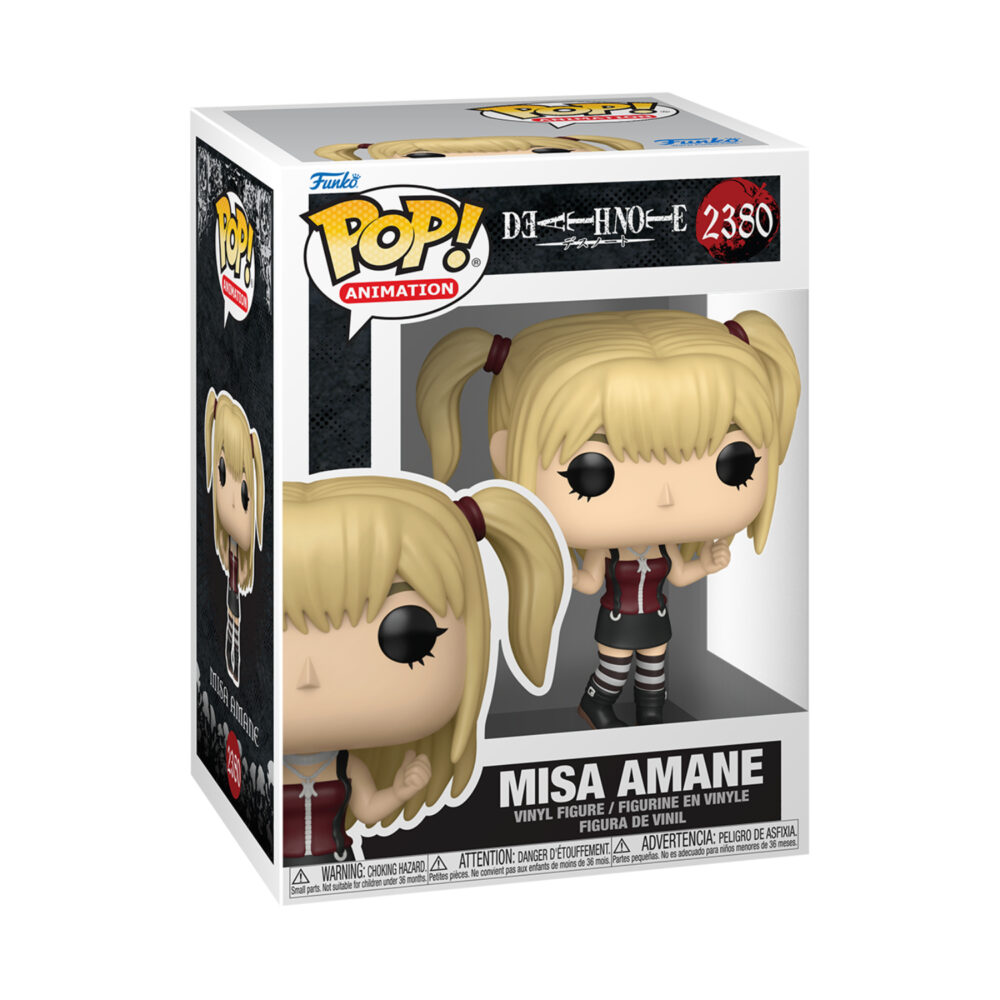 Boxed Misa Amane Death Note Funko Pop #2380 with blonde pigtails, maroon top and black skirt.