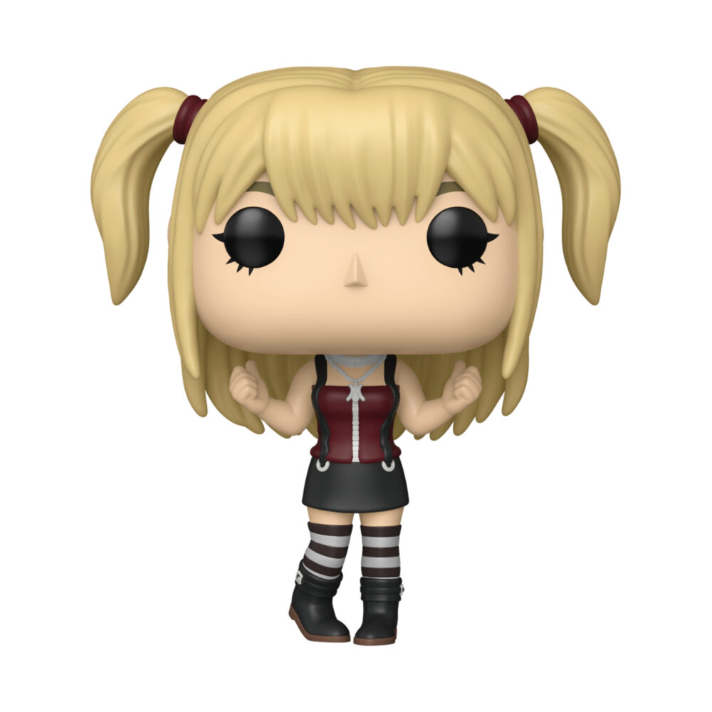 Unboxed Misa Amane Death Note Funko Pop #2380 with blonde pigtails, maroon top, black skirt and striped stockings.