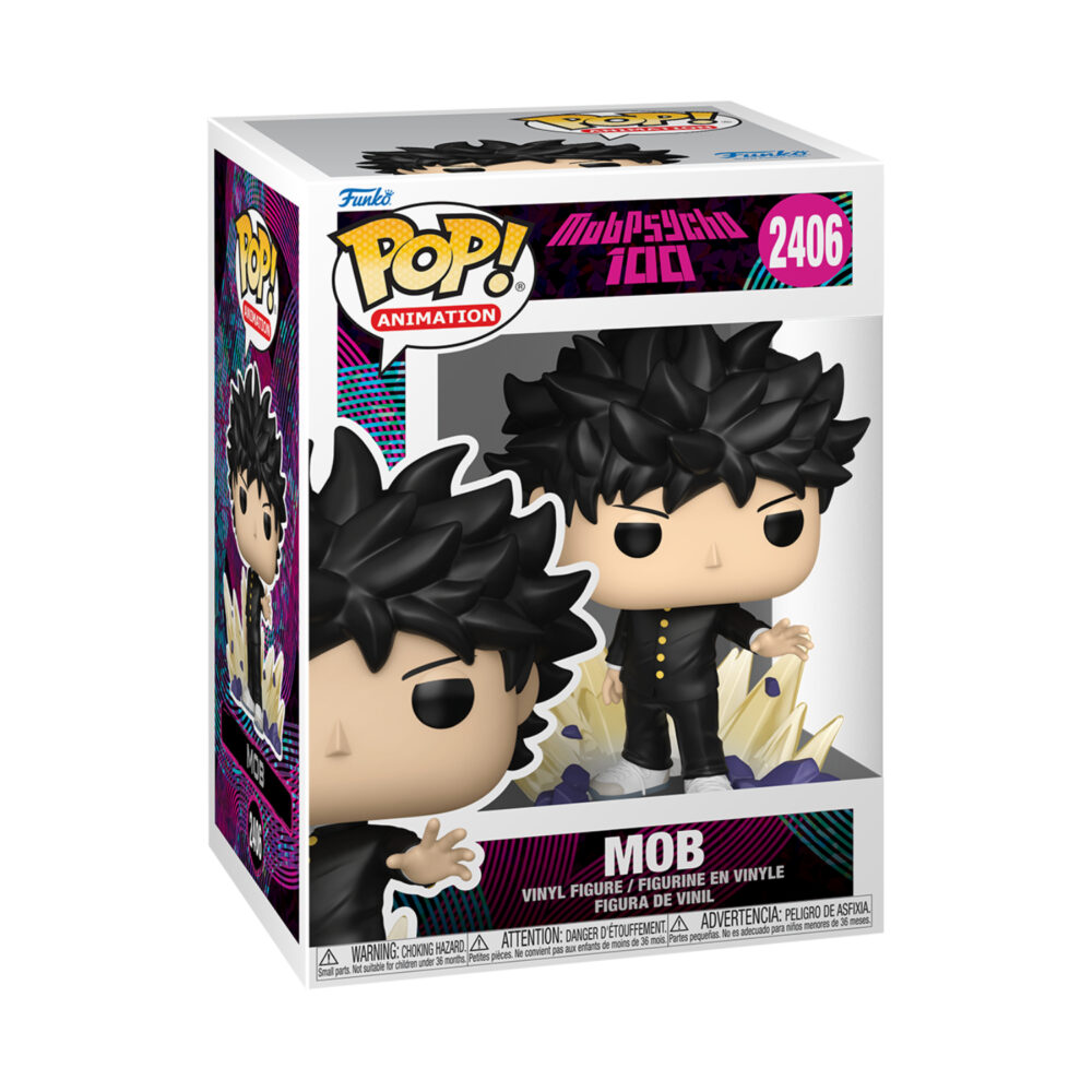 Boxed Mob Psycho 100 Funko Pop #2406 showing Mob with spiky black hair and an energy effect around his feet.