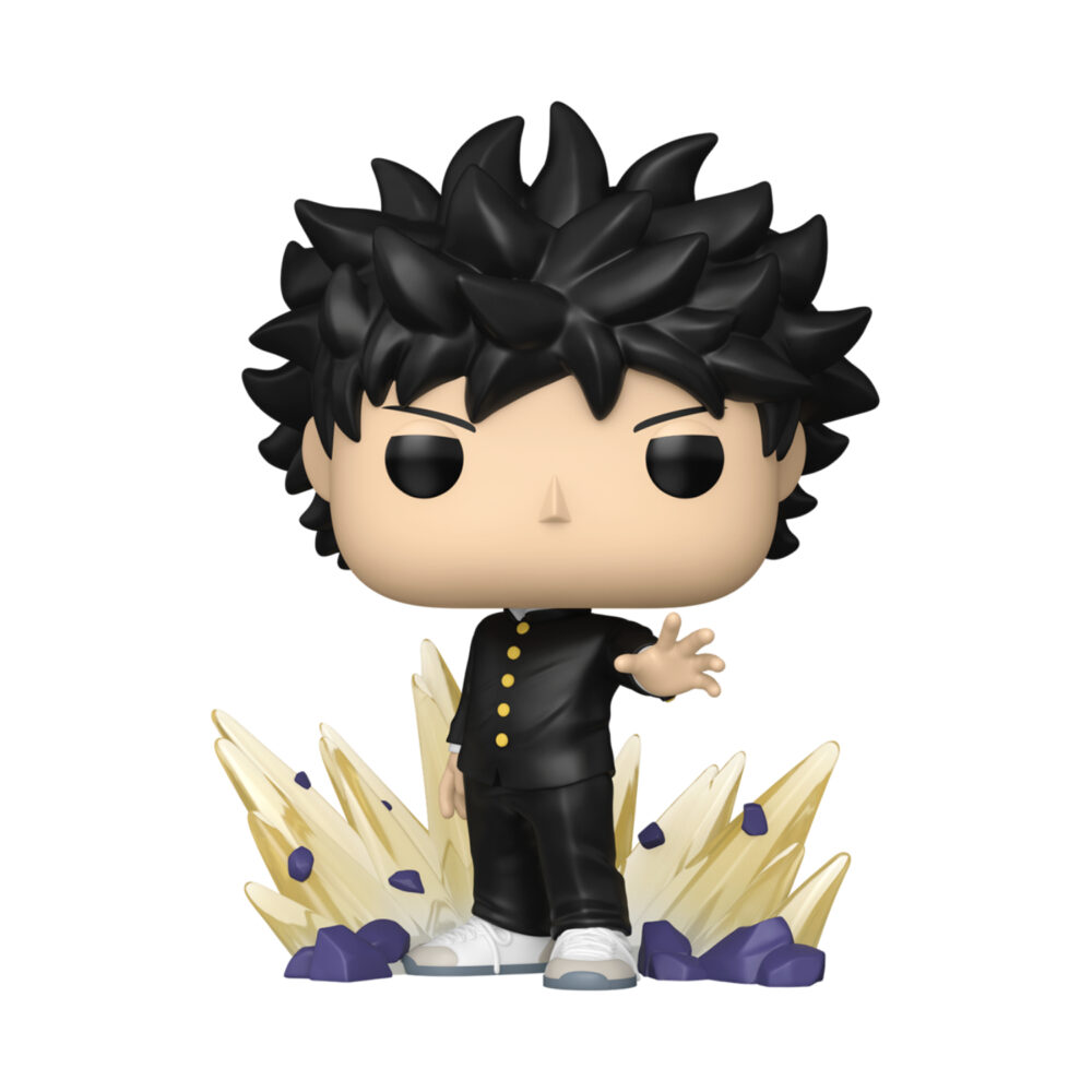 Unboxed Mob Psycho 100 Funko Pop #2406 with spiky black hair, black uniform and an energy effect around his feet.