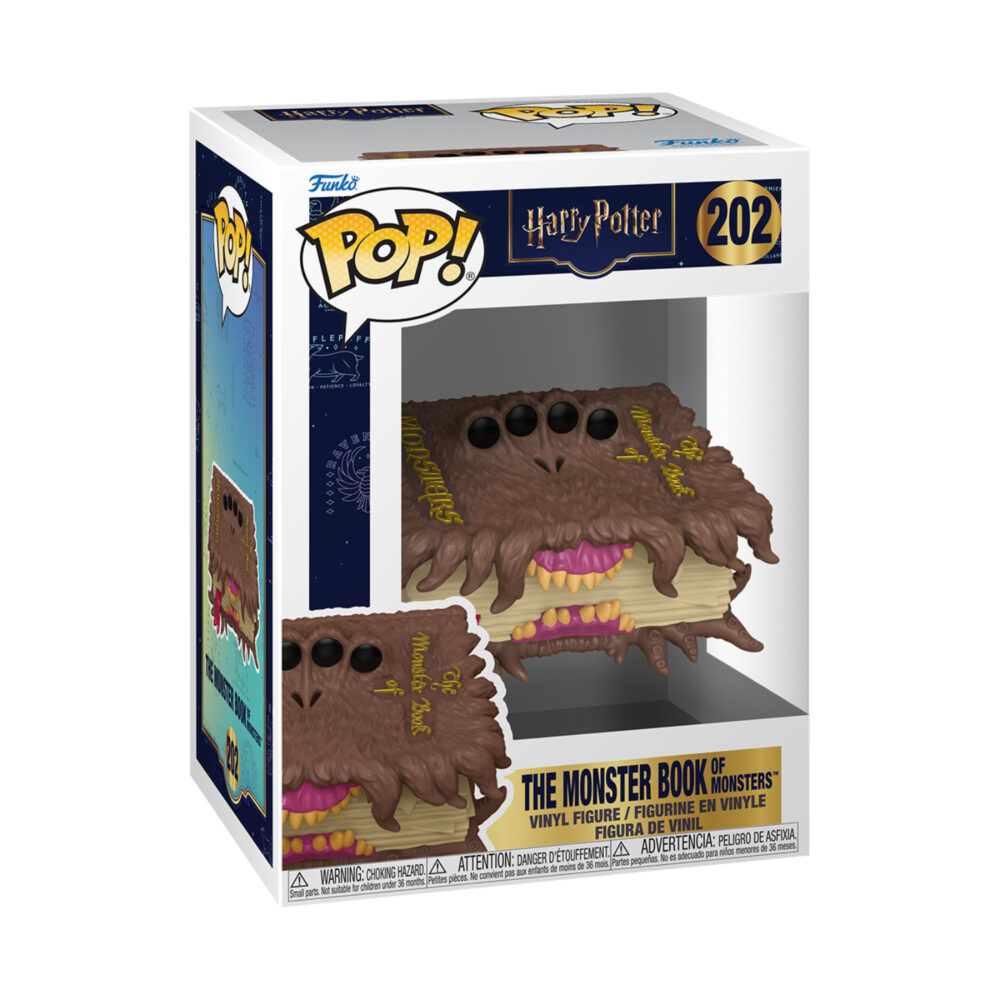 Boxed Monster Book of Monsters Harry Potter Funko Pop #202 showing the brown biting book through the front window.