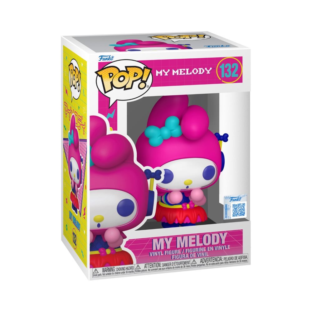 My Melody Funko Pop #132 Special Edition shown in the Sanrio window display box.