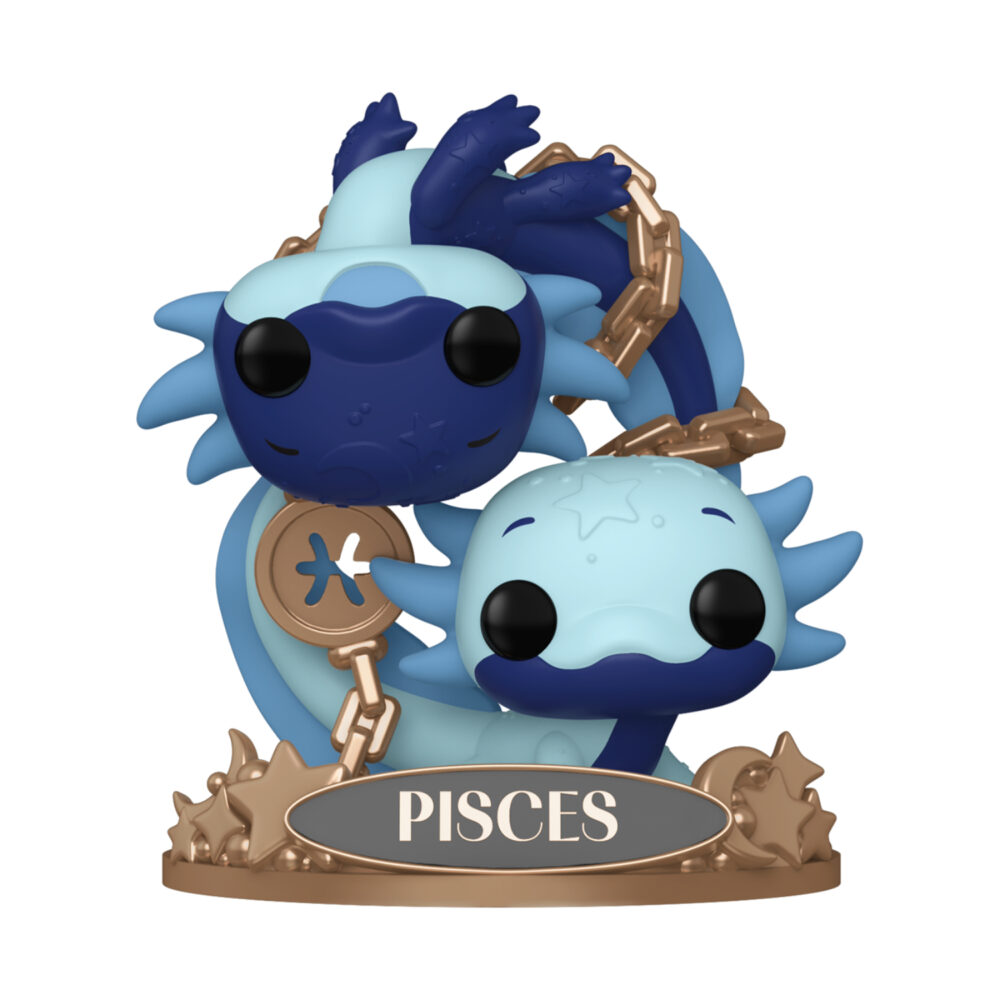 Pisces Zodiac Funko Pop #20 unboxed figure featuring two blue celestial axolotls with the Pisces symbol and nameplate