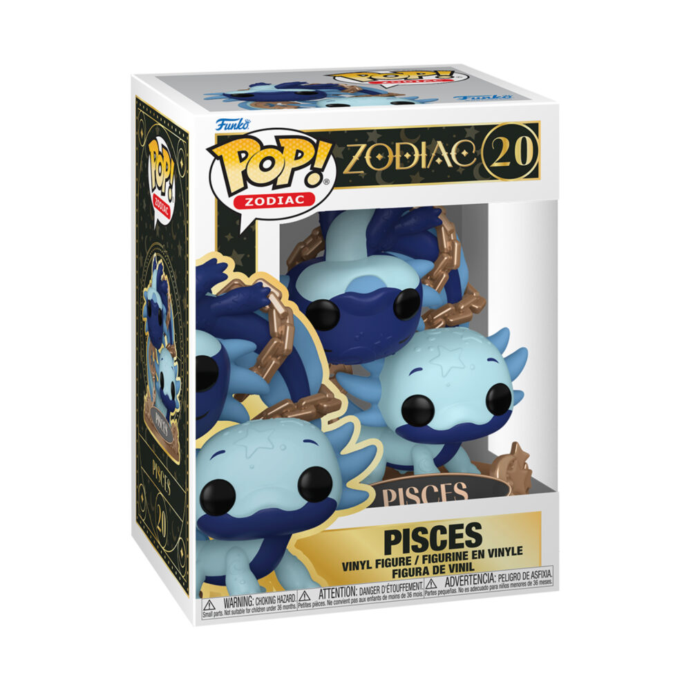 Pisces Zodiac Funko Pop #20 shown in its window display box with the blue celestial axolotl figures visible