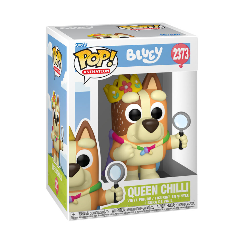 Boxed Queen Chilli Bluey Funko Pop #2373 wearing a yellow crown and cape while holding a magnifying glass.