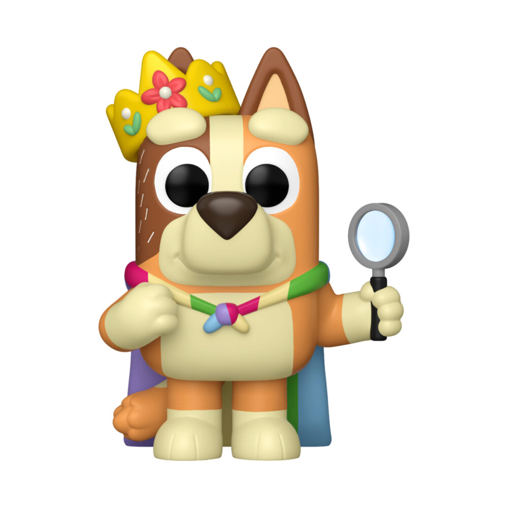 Unboxed Queen Chilli Bluey Funko Pop #2373 wearing a yellow crown and cape while holding a magnifying glass.