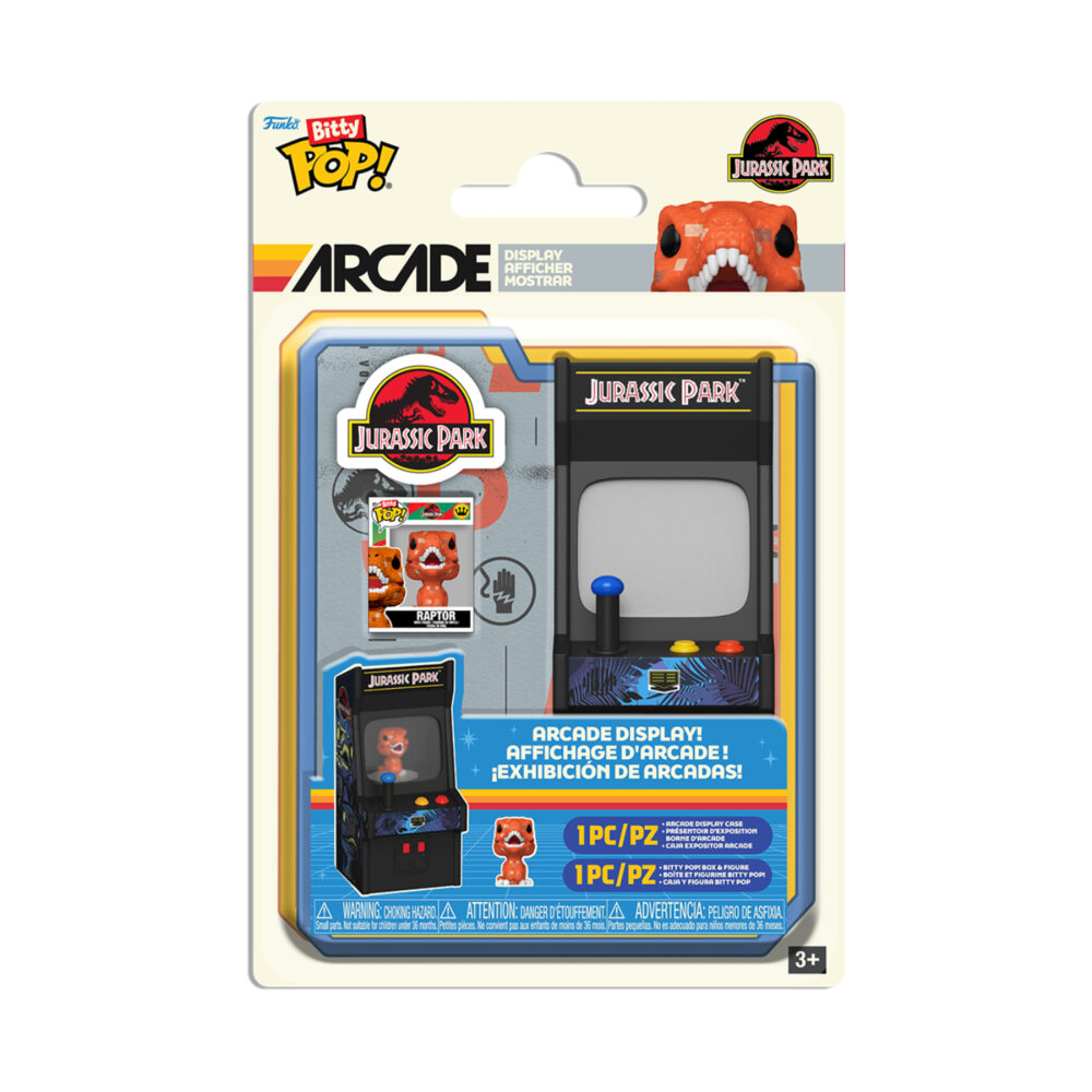 Funko Bitty Pop Arcade Raptor from Jurassic Park shown in the retail packaging with the arcade display set.