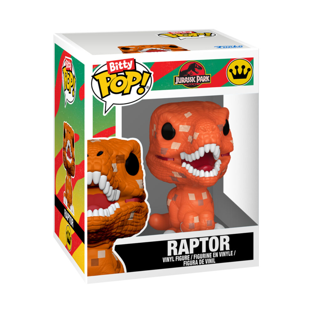 Jurassic Park Raptor Funko Bitty Pop figure shown in its mini window display box.