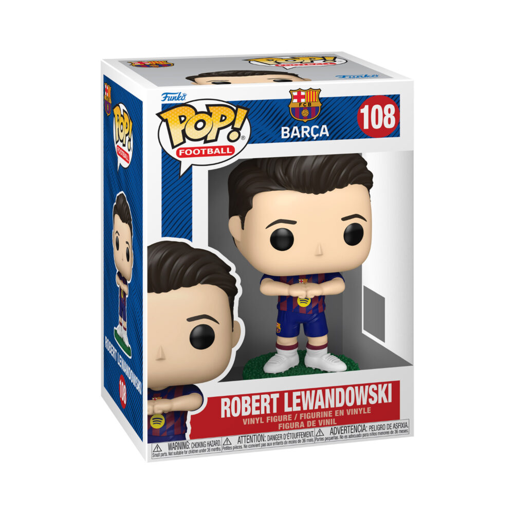 Boxed Robert Lewandowski FC Barcelona Funko Pop #108 wearing the Barcelona football kit.
