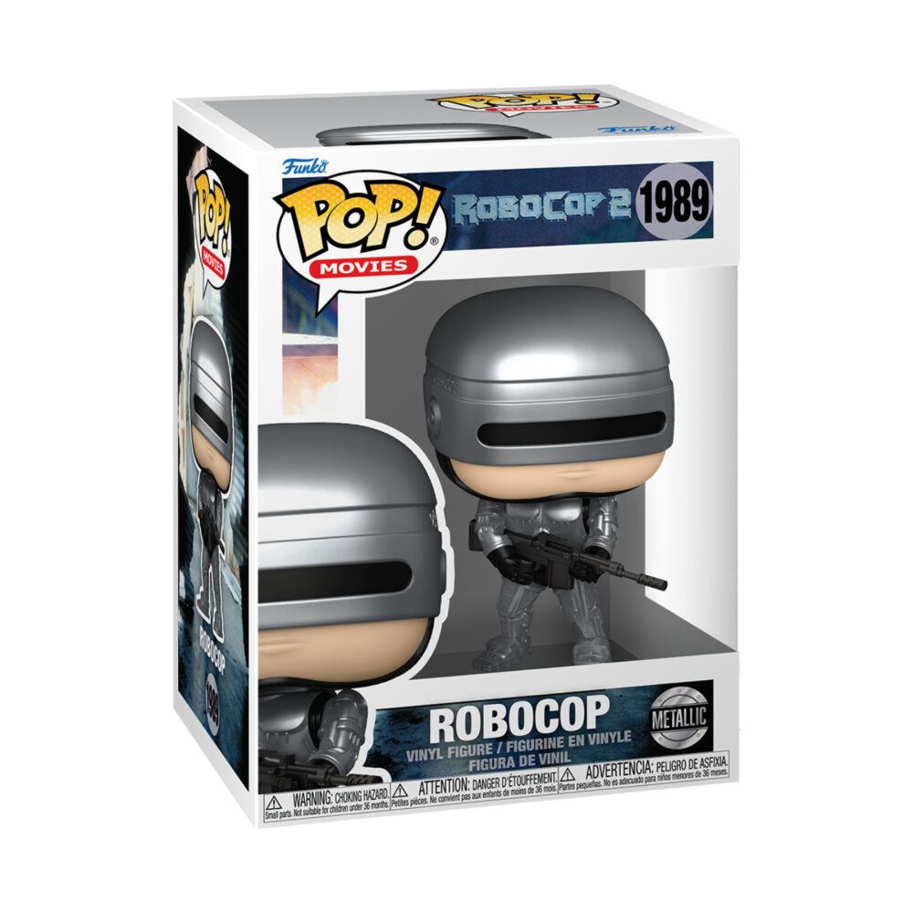 Robocop 2 Funko Pop #1989 metallic figure shown in its window display box with the metallic badge visible