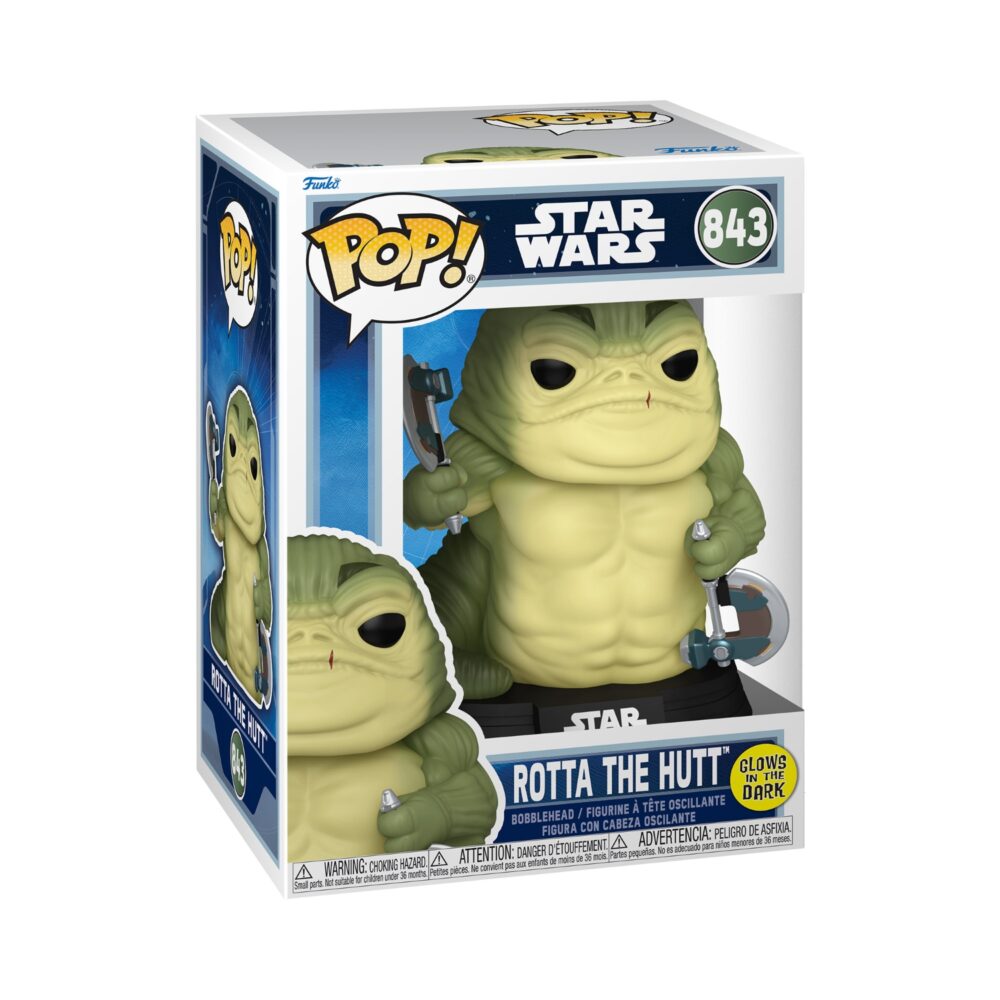 Funko Pop Rotta the Hutt Star Wars #843 glow-in-the-dark bobblehead shown inside its window display box.