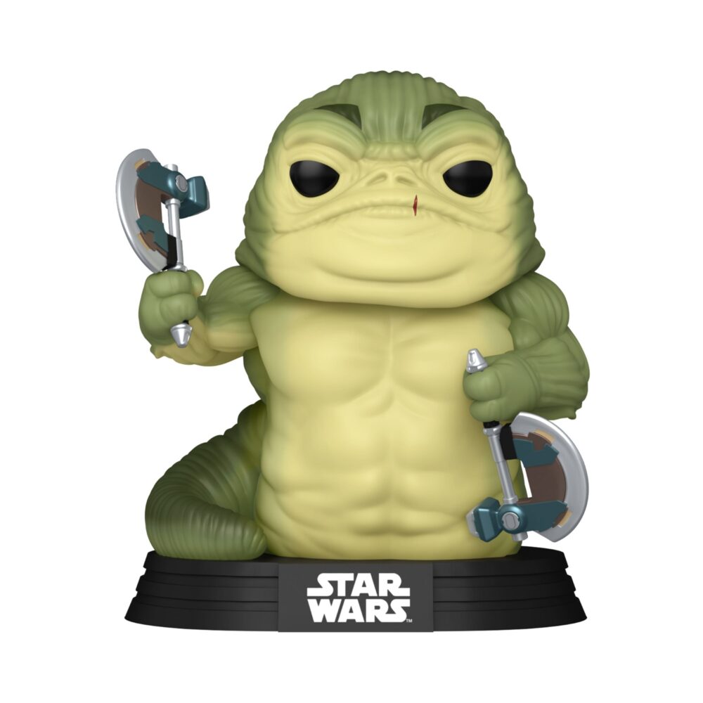 Unboxed Funko Pop Rotta the Hutt Star Wars #843 bobblehead shown on a black Star Wars display base holding two weapons.