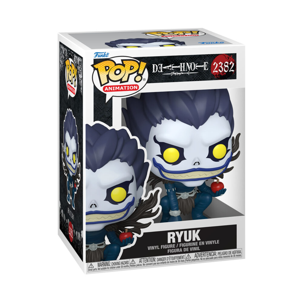 Boxed Ryuk Death Note Funko Pop #2382 showing the Shinigami crouched with a red apple in hand.