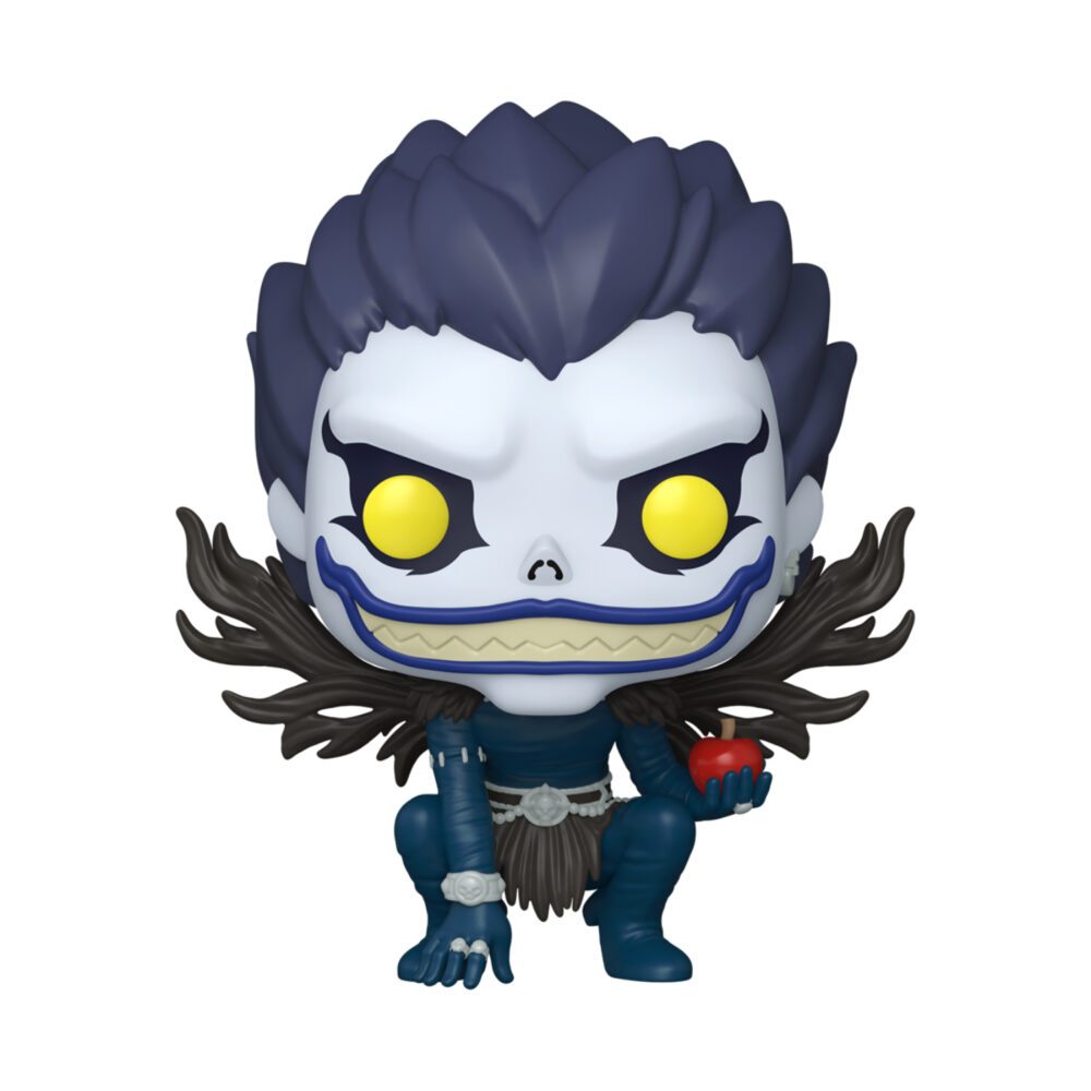 Unboxed Ryuk Death Note Funko Pop #2382 crouched with yellow eyes, dark wings and a red apple.