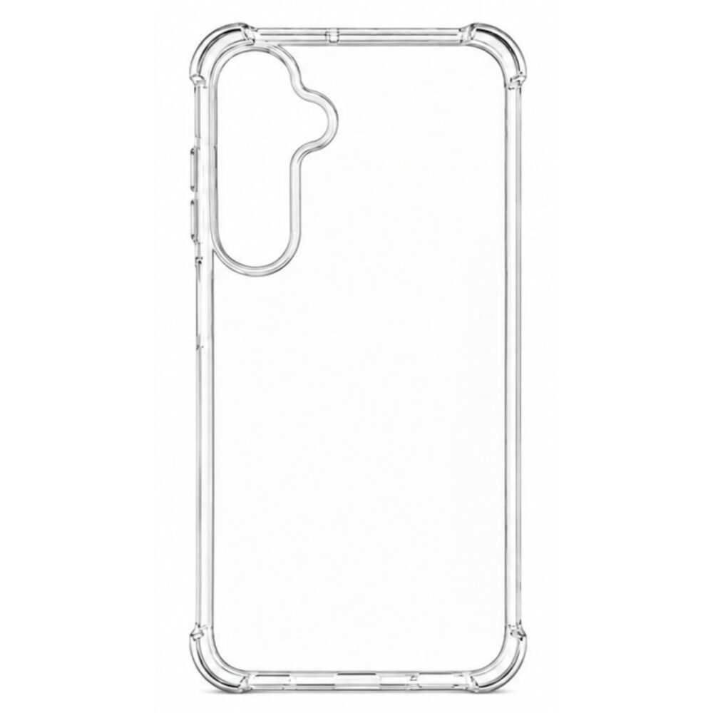 Mobeen clear case for Samsung Galaxy A16 shown from the rear with the camera opening and transparent corner bumpers visible