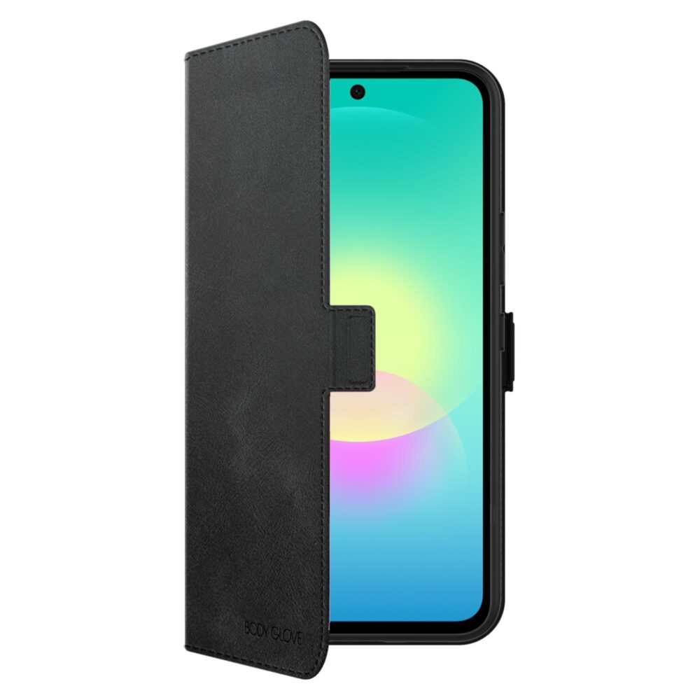 Black Body Glove Flip Series Case fitted to a Samsung Galaxy A27 5G, shown from the front with the folio cover partly open
