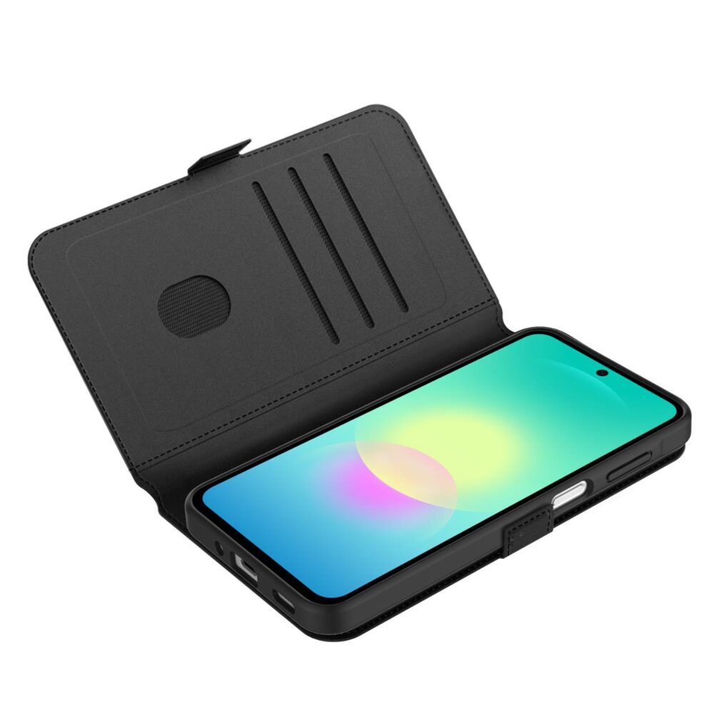 Samsung Galaxy A27 5G fitted inside the black Body Glove Flip Series Case, opened to show the interior card slots and case frame