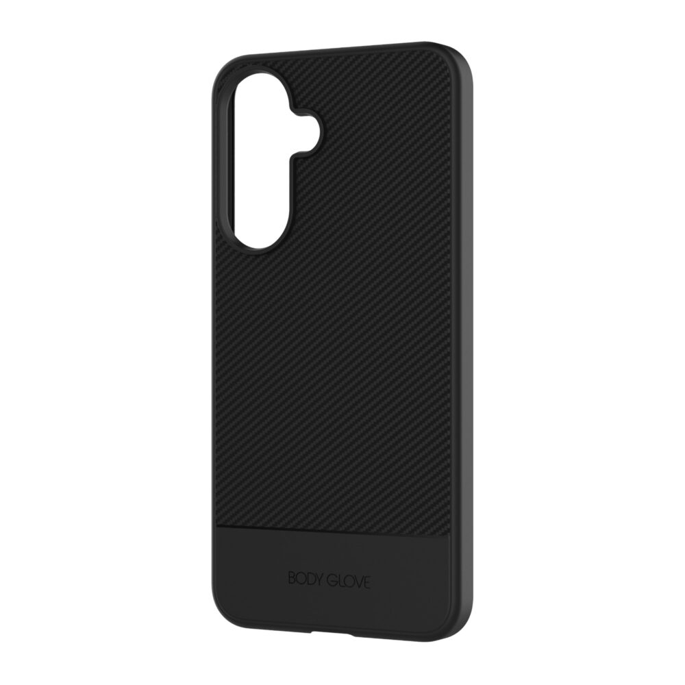 Black Body Glove Astrx case for Samsung Galaxy A37 5G shown at a rear angle with the textured back and raised camera surround visible