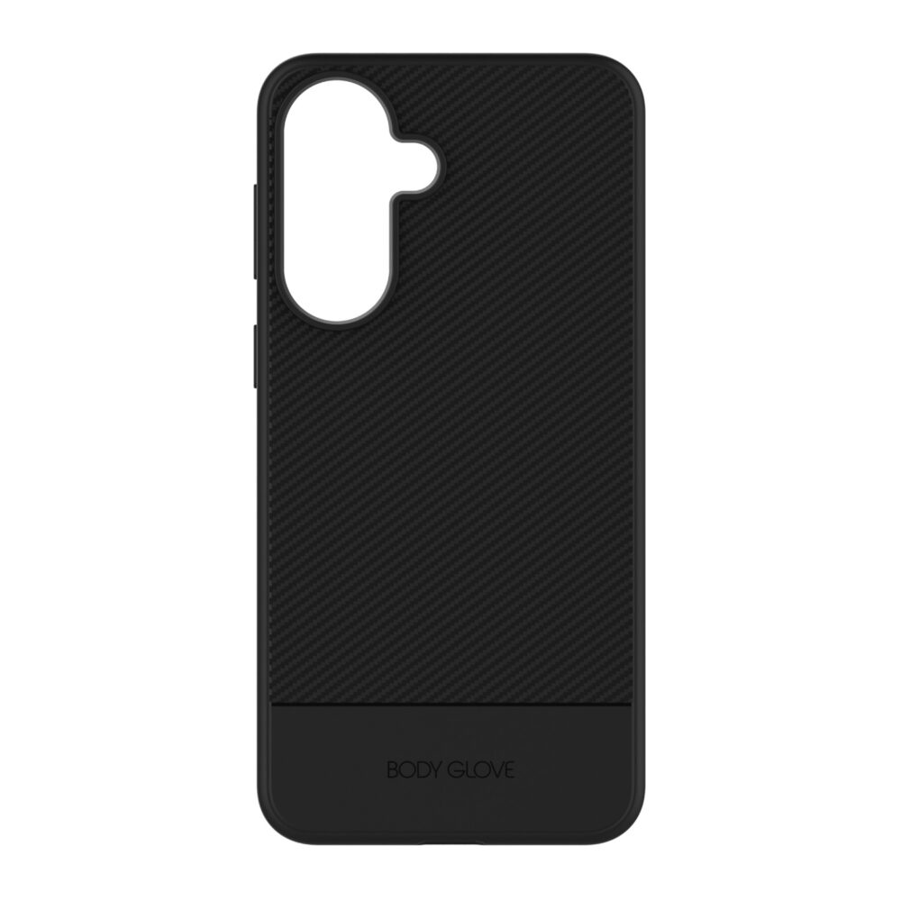 Black Body Glove Astrx case for Samsung Galaxy A37 5G shown from the rear with its carbon fibre pattern and camera cut-out visible