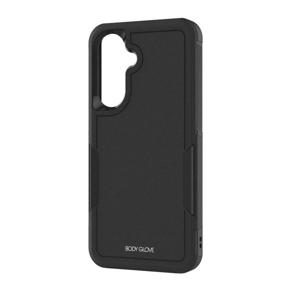 Angled rear view of the black Body Glove Defender case for Samsung Galaxy A37 5G.