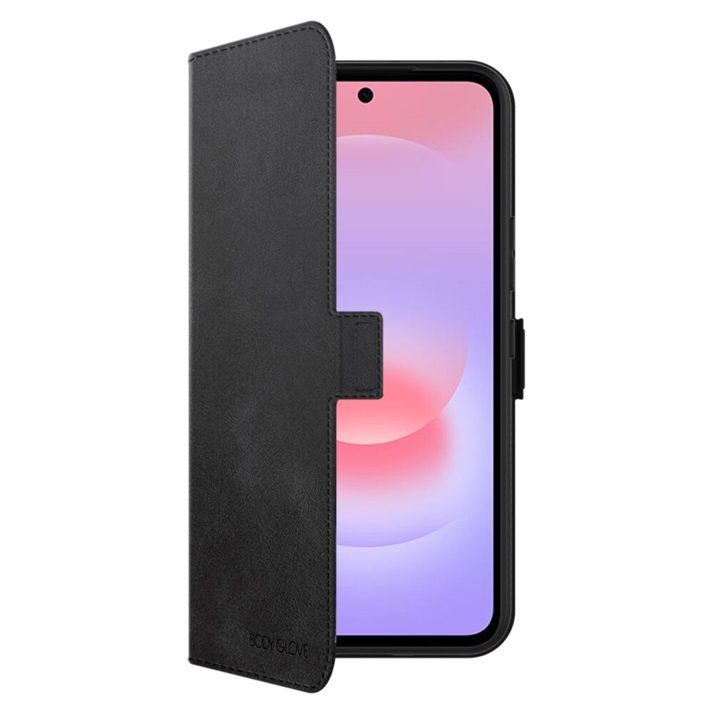 Black Body Glove Flip Series case fitted to a Samsung Galaxy A37 5G with the front cover partly open and the display visible