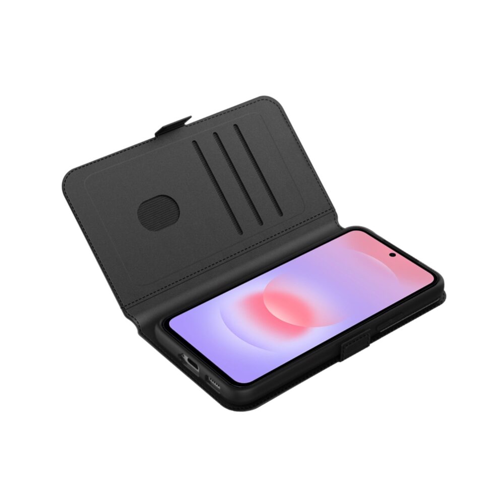Black Body Glove Flip Series case for Samsung Galaxy A37 5G opened flat with the fitted phone and three interior card slots visible