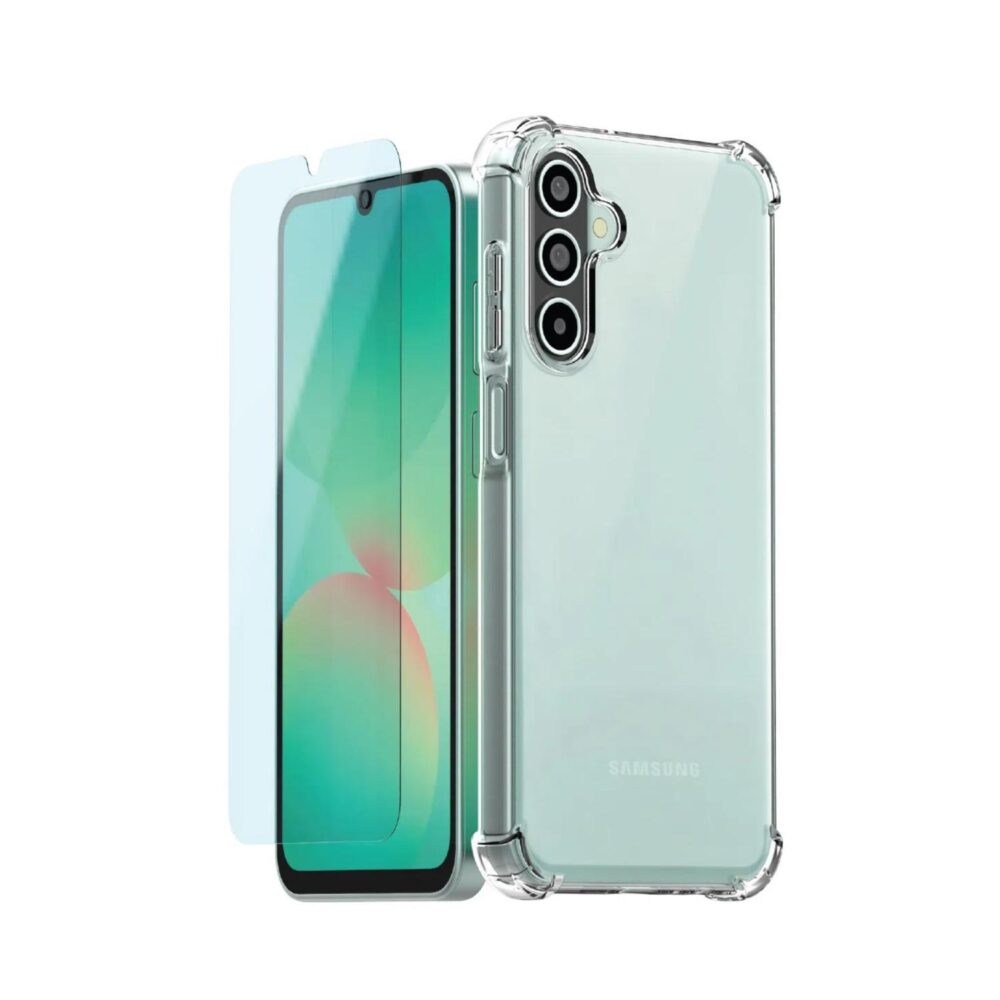 Mobeen clear case and tempered glass screen protector bundle for Samsung Galaxy A37 5G shown together in a front and rear product view.