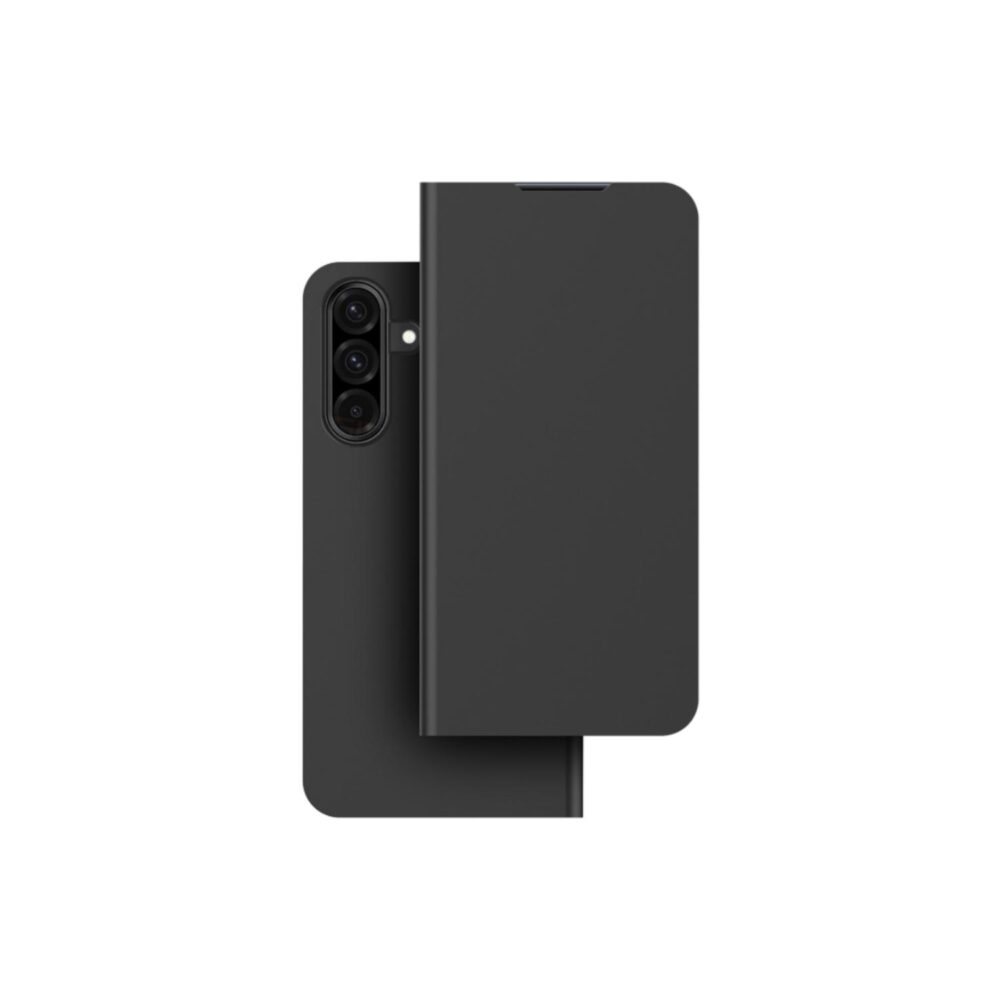 Official Samsung Flip Case in Black fitted to the Galaxy A37 5G, shown closed with the rear camera area visible behind the front cover