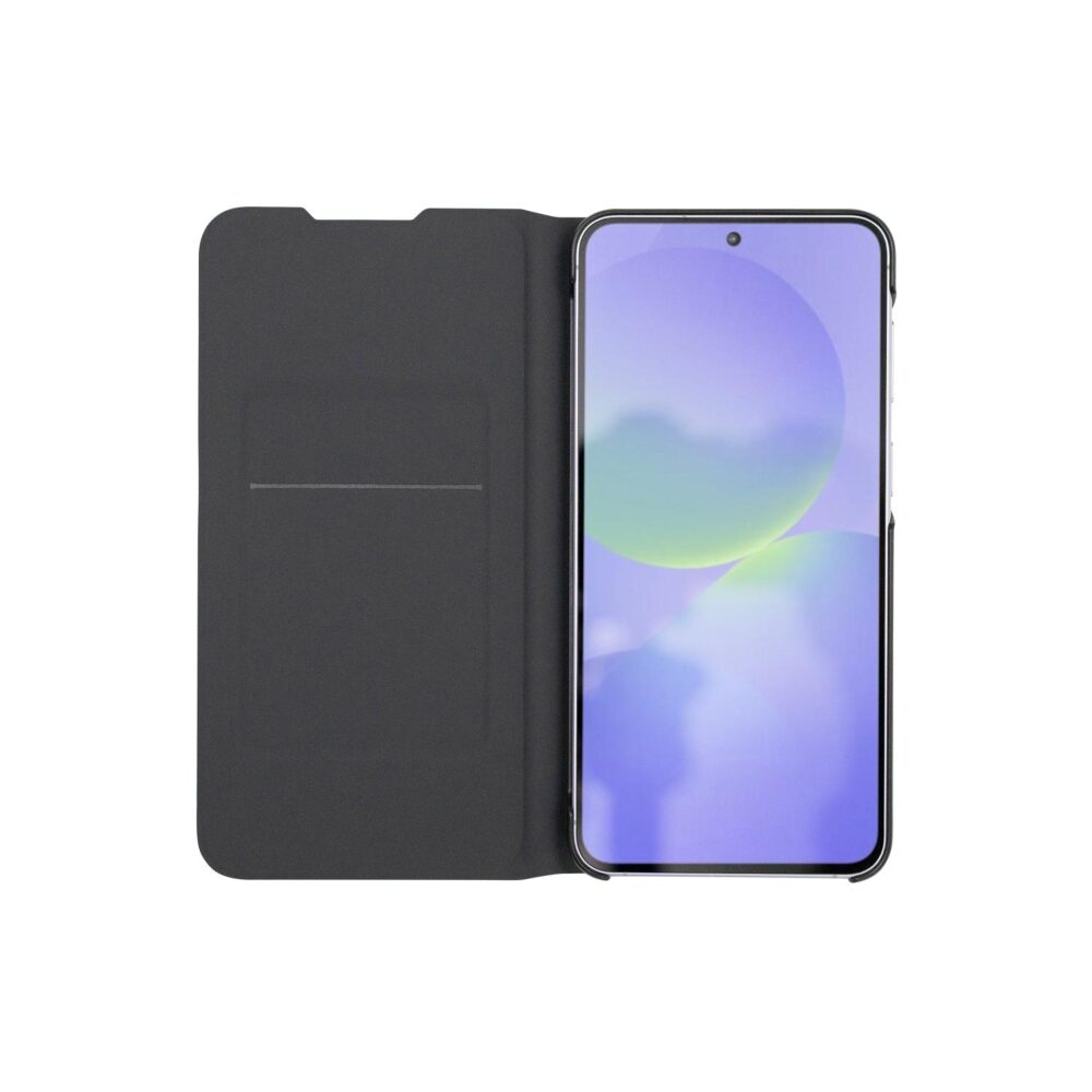 Official Samsung Flip Case in Black for Galaxy A37 5G shown open with the phone screen and inner card slot visible