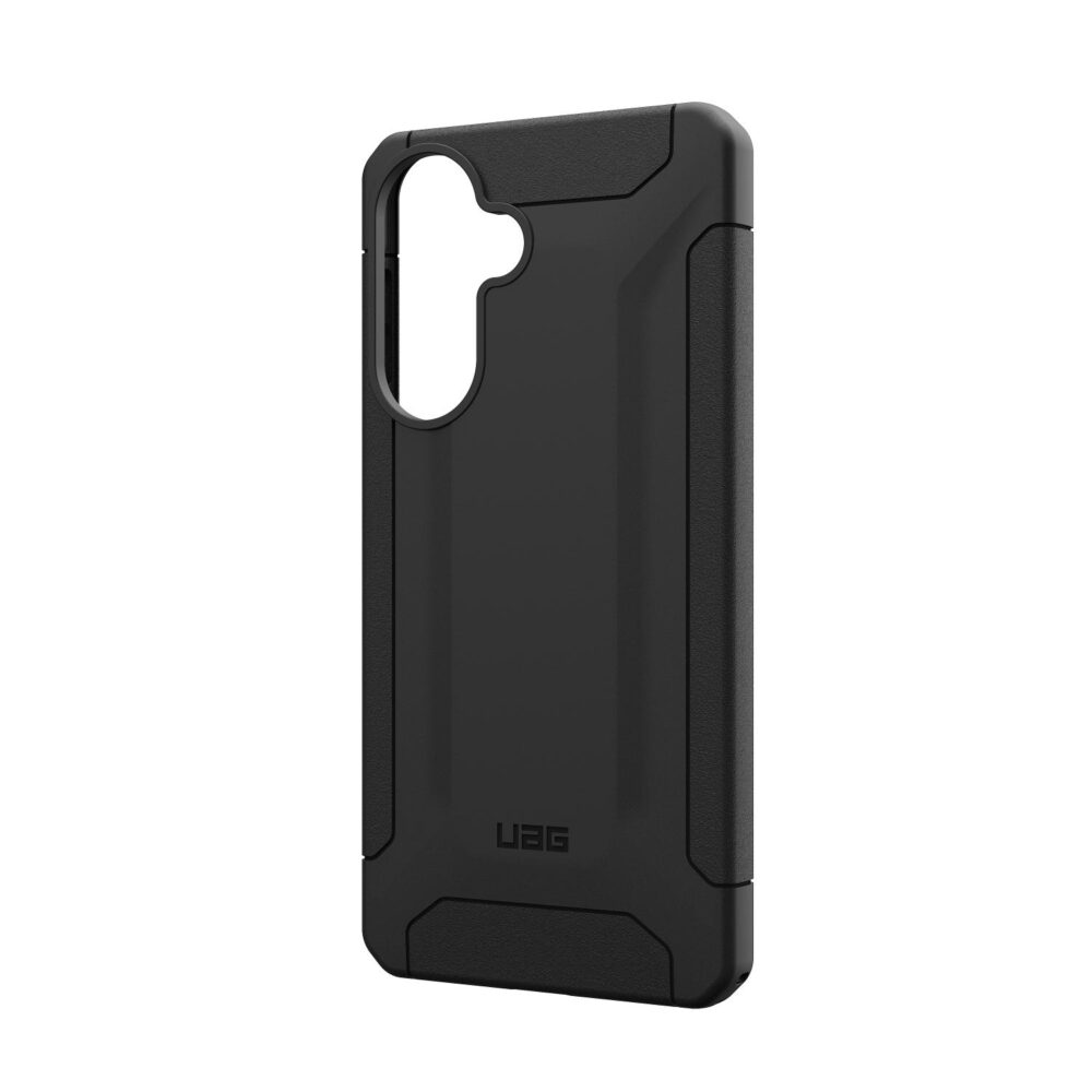 Angled rear view of the empty black UAG Scout case for Samsung Galaxy A37 5G showing the camera opening and side edge.
