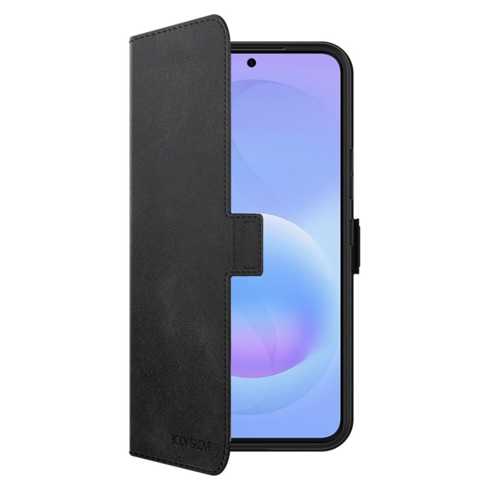 Black Body Glove Flip Series case fitted to a Samsung Galaxy A57 5G with the front cover partly open and the display visible