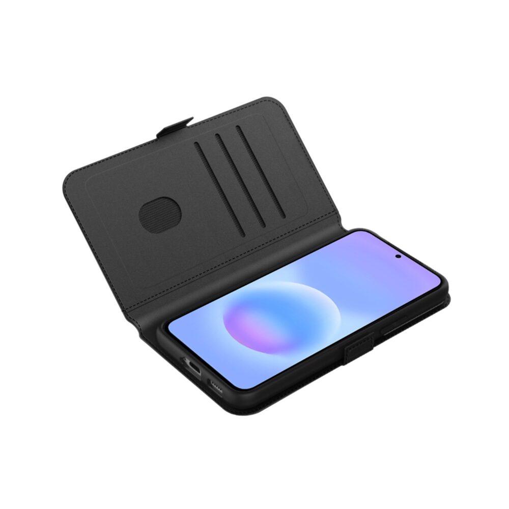 Black Body Glove Flip Series case for Samsung Galaxy A57 5G opened flat with the fitted phone and three interior card slots visible