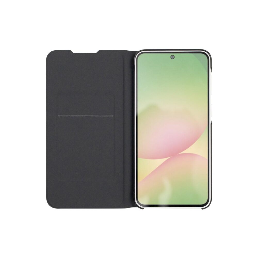 Black official Samsung flip case fitted to a Galaxy A57 5G and shown open from the front with the interior card slot visible.