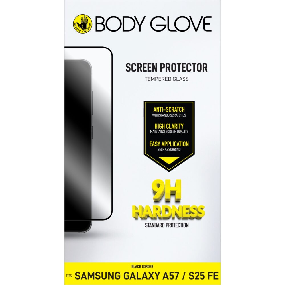 Front of the Body Glove tempered glass screen protector packaging for Samsung Galaxy A57 5G and S25 FE, with Black Border printed at the base.