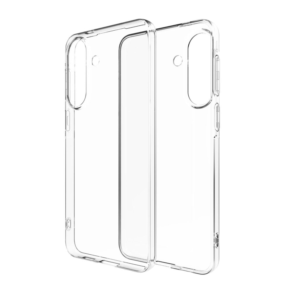 Clear ZAGG case for Samsung Galaxy A57 5G shown in two angled views with the transparent shell and camera opening visible