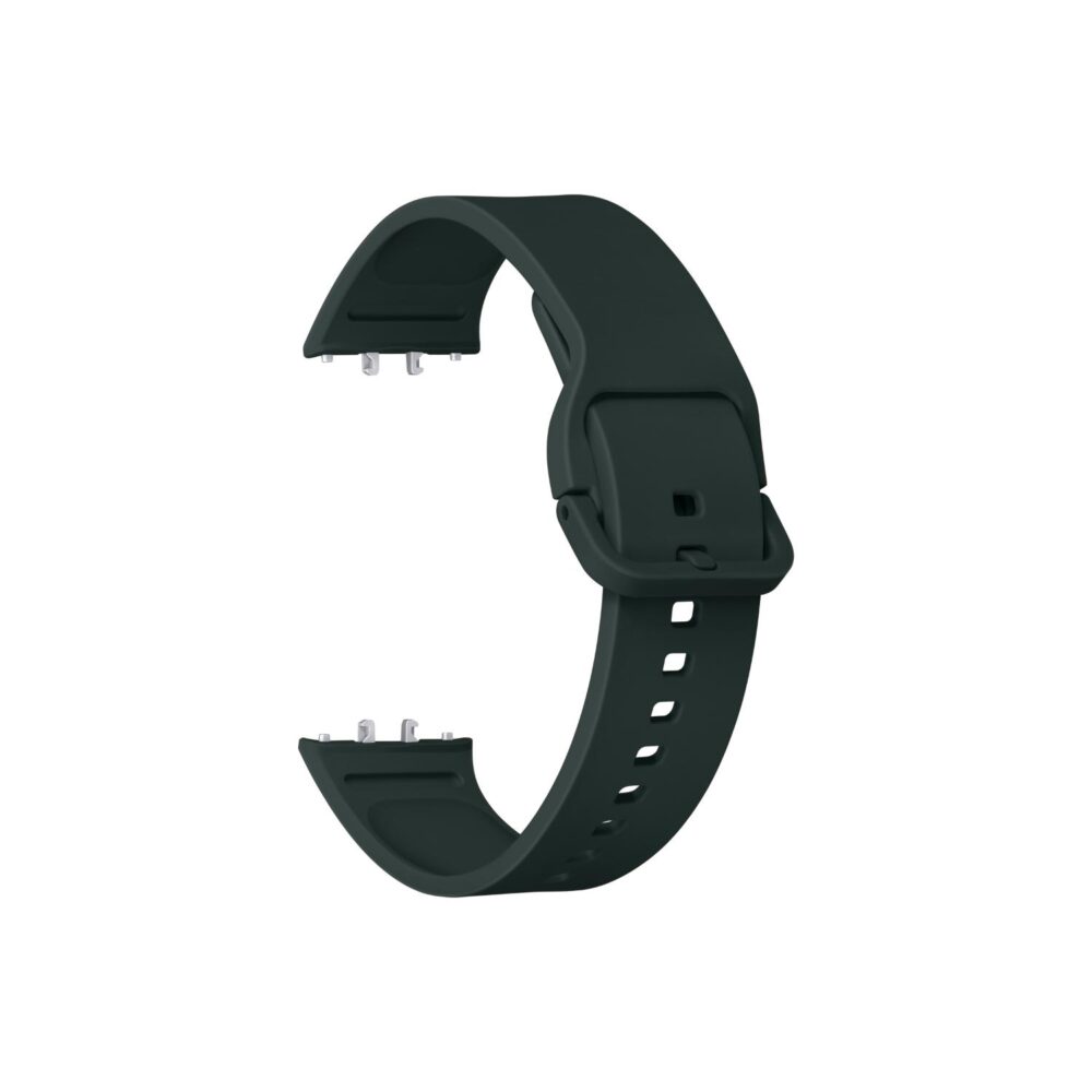 Samsung Galaxy Fit3 Sport Strap in Dark Green shown in an angled loop with the inner surface, buckle underside and attachment connectors visible