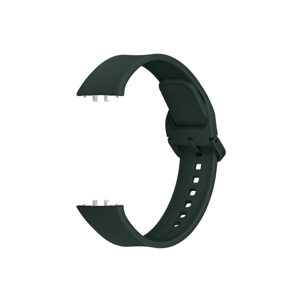 Samsung Galaxy Fit3 Sport Strap in Dark Green shown in an angled loop with the outer buckle, adjustment holes and attachment connectors visible