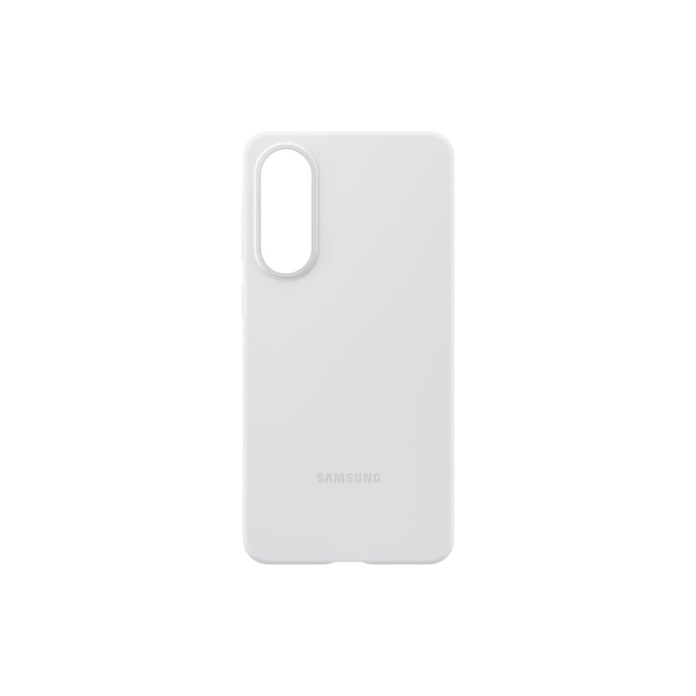 Grey Samsung Galaxy S25 Edge Silicone Cover shown from the rear without the phone, with the camera opening and Samsung branding visible